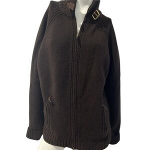 Lauren Jeans Co Brown LambWool Full Zip With Buckle Collar Sweater Jacket L